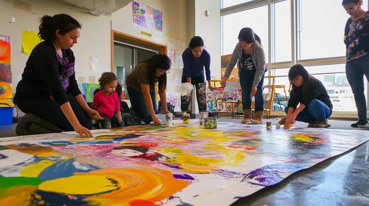 Group of people enjoying collaborative arts and crafts activities